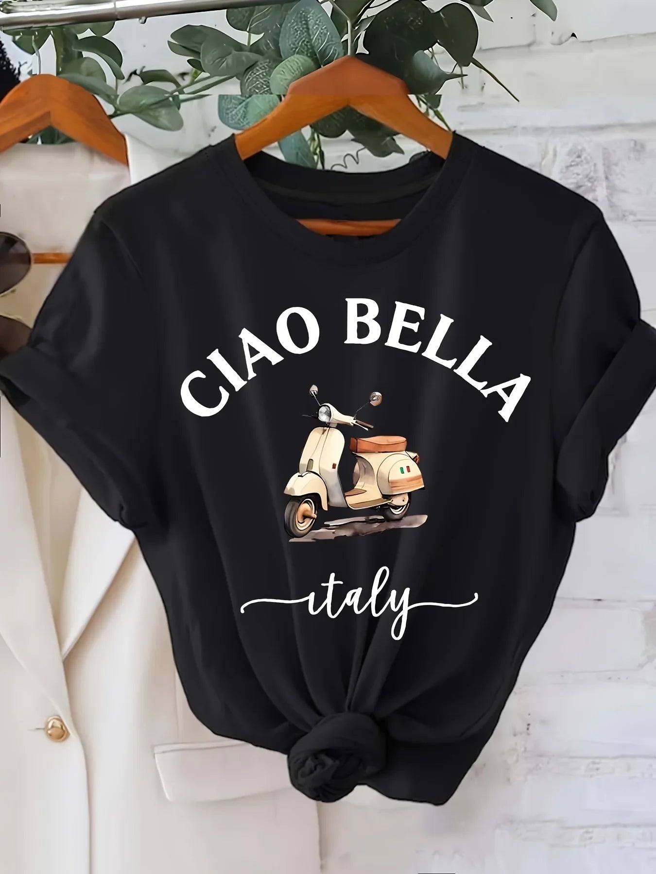 Ciao Bella Women's Crew Neck T-Shirt - Casual Short Sleeve Letter Print Polyester Blend Spring & Summer Top Italian Lemon