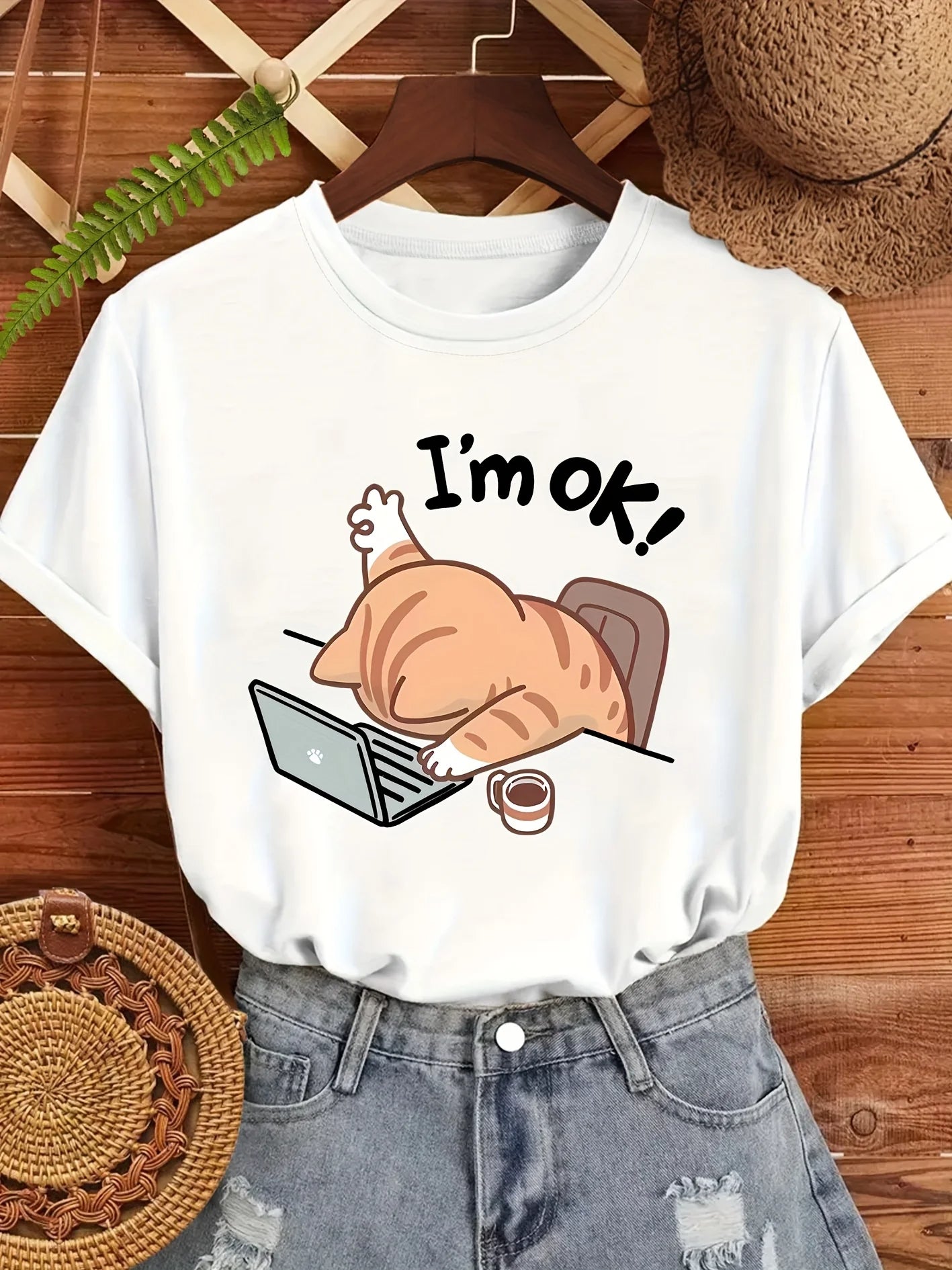 Women's Cute "I'm OK" Cat Graphic T-Shirt Casual Round Neck Short Sleeve Tee Beige with Stylish Sleeping Cat Design