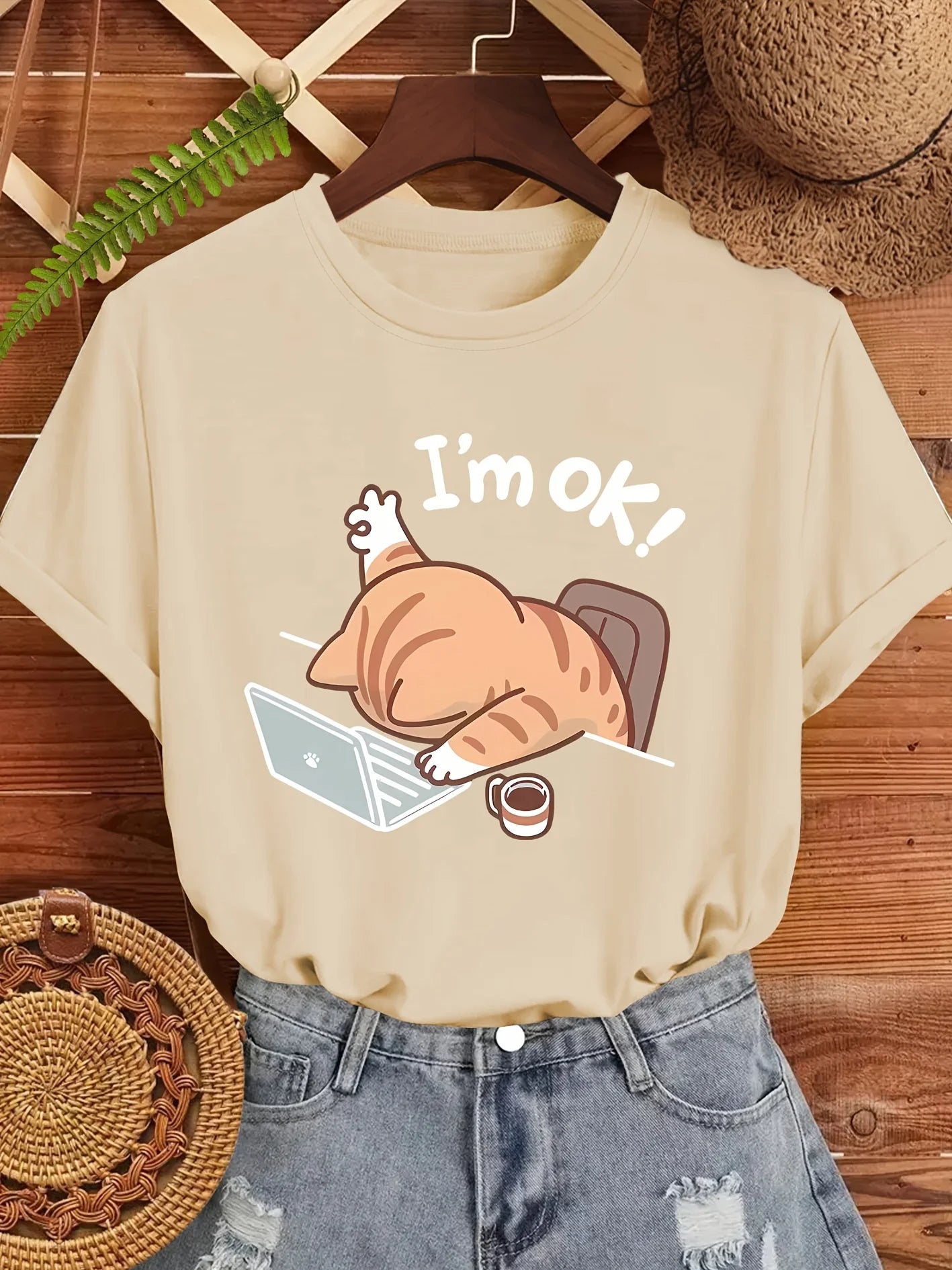 Women's Cute "I'm OK" Cat Graphic T-Shirt Casual Round Neck Short Sleeve Tee Beige with Stylish Sleeping Cat Design
