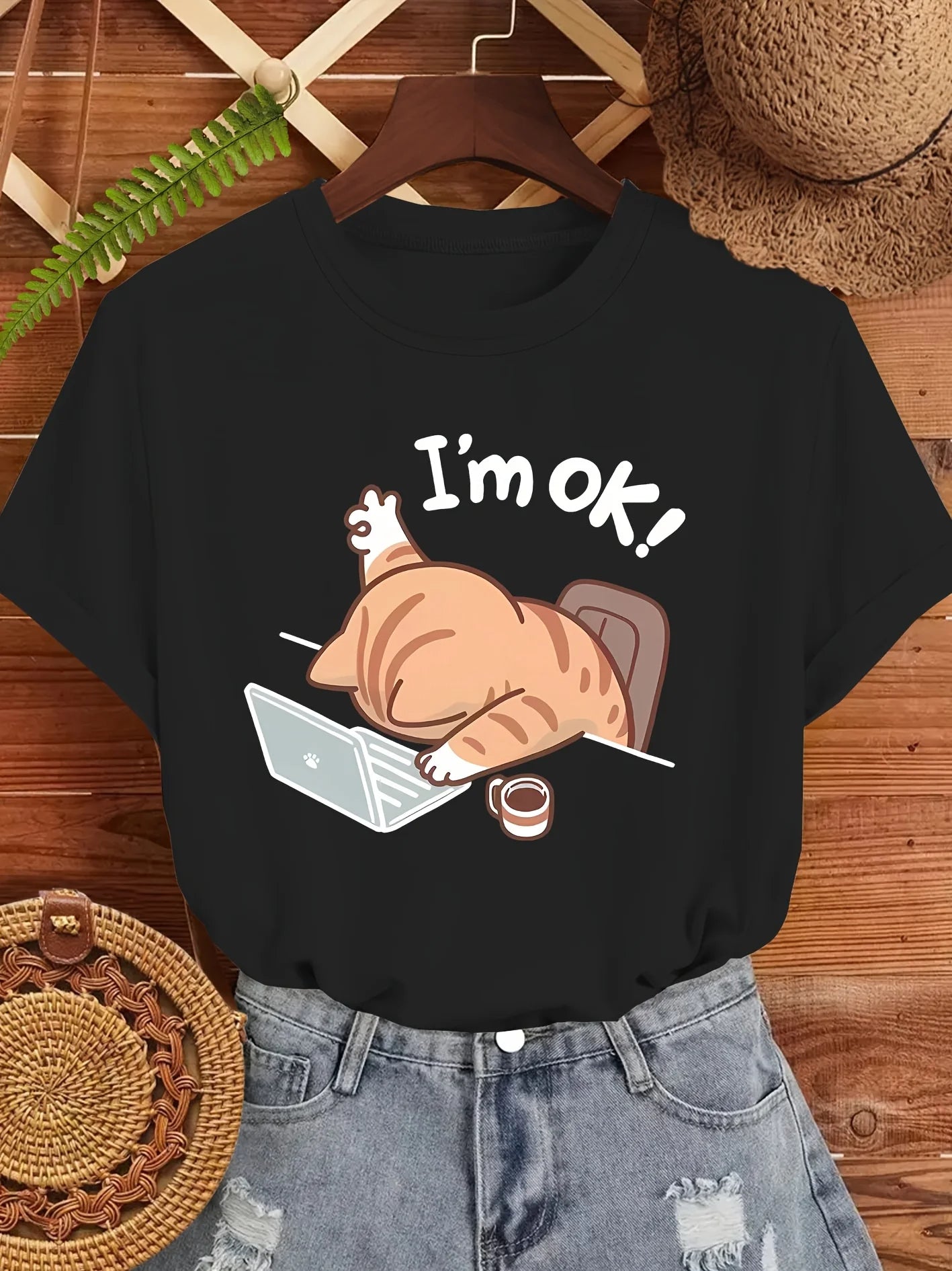 Women's Cute "I'm OK" Cat Graphic T-Shirt Casual Round Neck Short Sleeve Tee Beige with Stylish Sleeping Cat Design