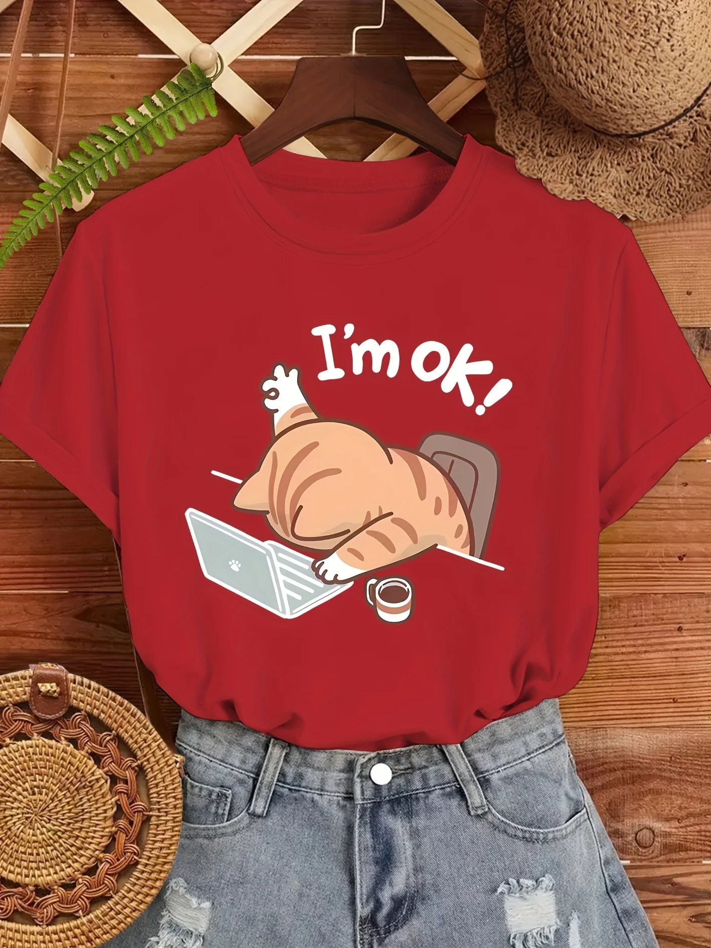 Women's Cute "I'm OK" Cat Graphic T-Shirt Casual Round Neck Short Sleeve Tee Beige with Stylish Sleeping Cat Design