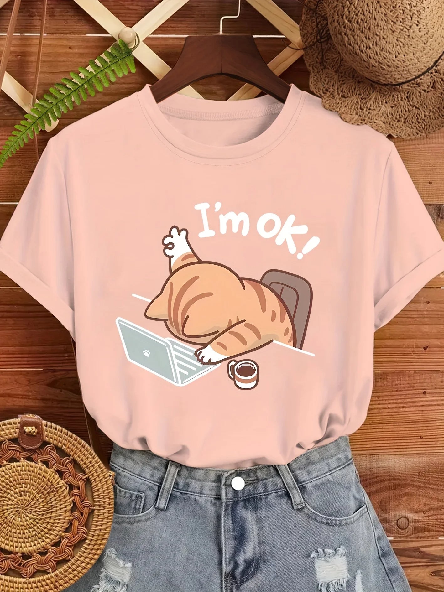 Women's Cute "I'm OK" Cat Graphic T-Shirt Casual Round Neck Short Sleeve Tee Beige with Stylish Sleeping Cat Design