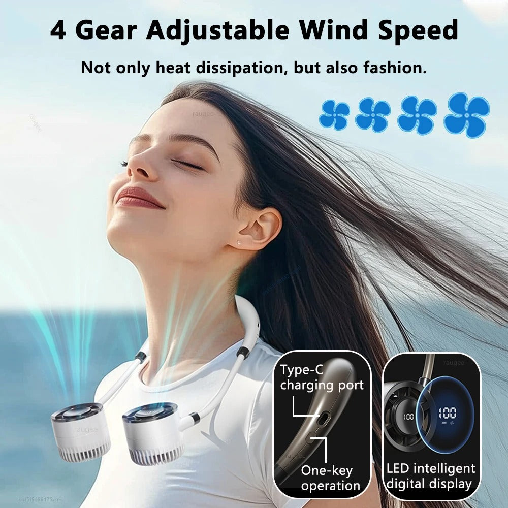 Neck Fan Portable Hanging Neck Fan Mini Neck Cooler USB Rechargeable Foldable Mini Outdoor Neckband Fan with LED Digital Display