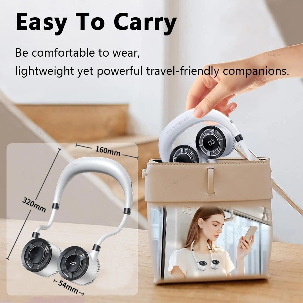 Neck Fan Portable Hanging Neck Fan Mini Neck Cooler USB Rechargeable Foldable Mini Outdoor Neckband Fan with LED Digital Display