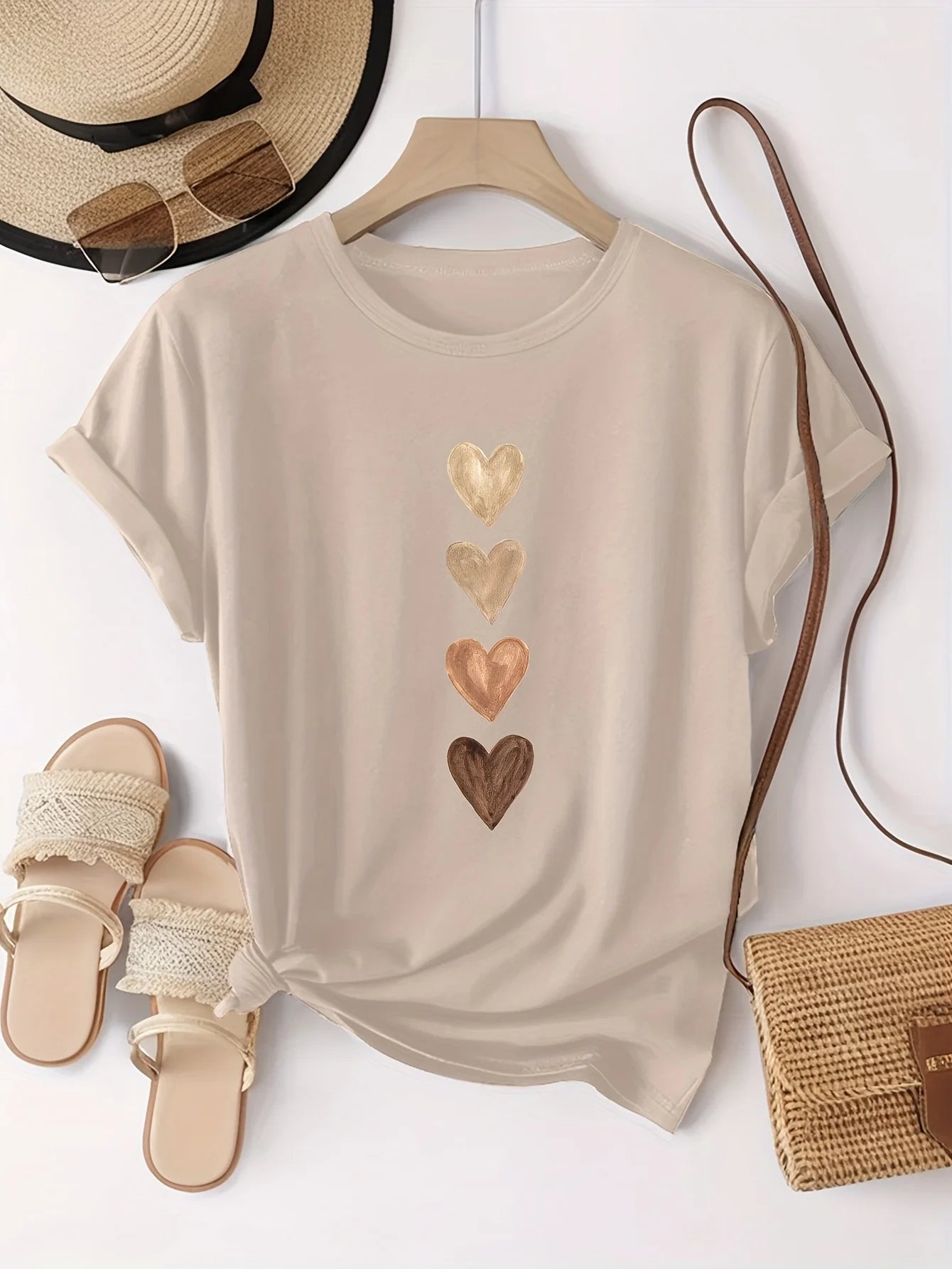 Women's Casual Short Sleeve T-Shirt with Four Heart Graphic Print - Black & Golden, Medium Stretch Round Neck