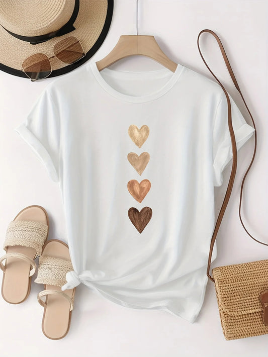 Women's Casual Short Sleeve T-Shirt with Four Heart Graphic Print - Black & Golden, Medium Stretch Round Neck