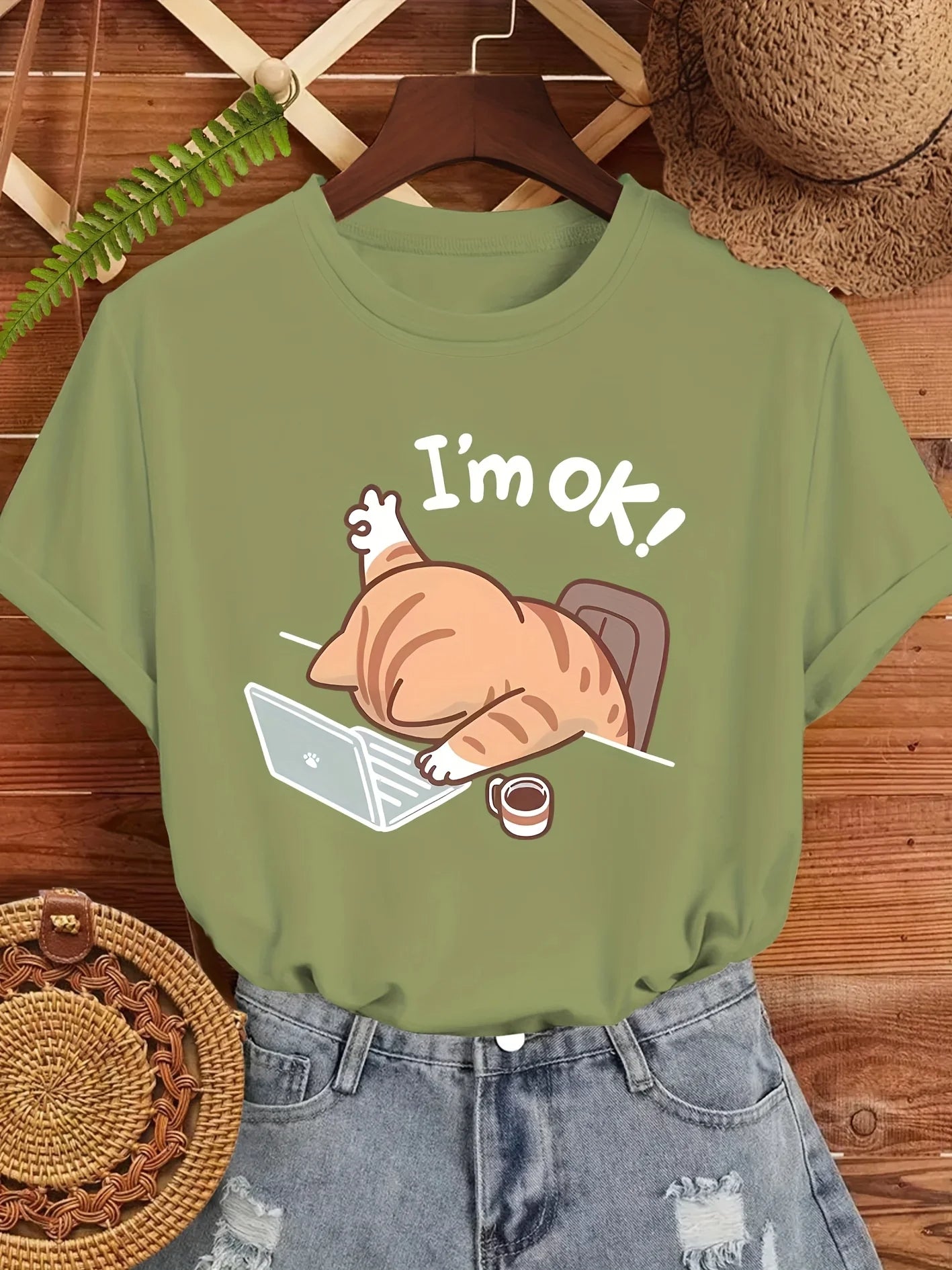 Women's Cute "I'm OK" Cat Graphic T-Shirt Casual Round Neck Short Sleeve Tee Beige with Stylish Sleeping Cat Design