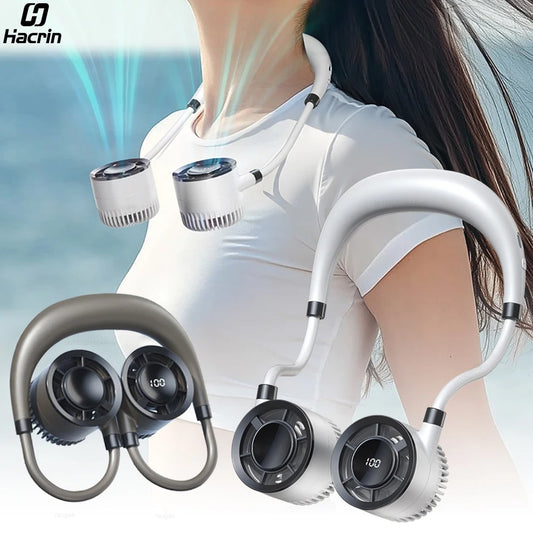Neck Fan Portable Hanging Neck Fan Mini Neck Cooler USB Rechargeable Foldable Mini Outdoor Neckband Fan with LED Digital Display
